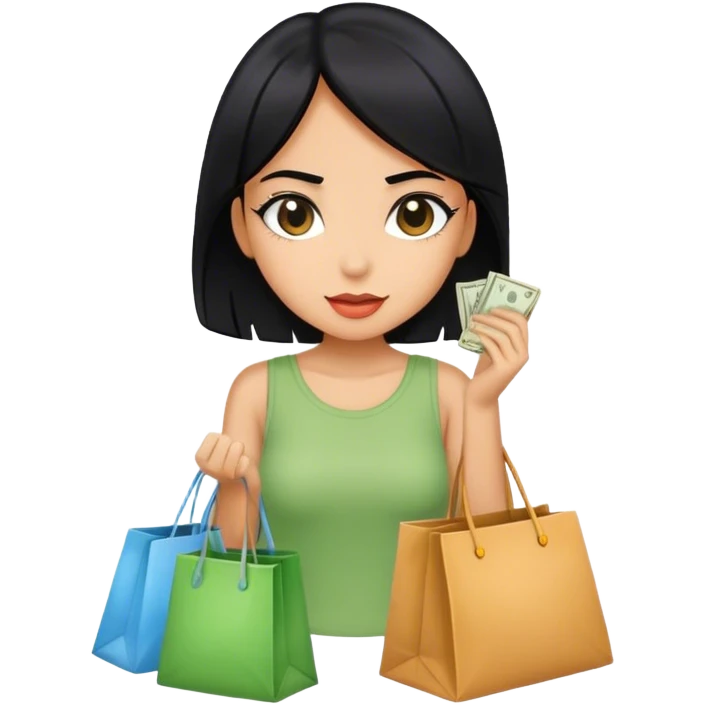 A girl whit black hair spending money whit bags of clothes  emoji
