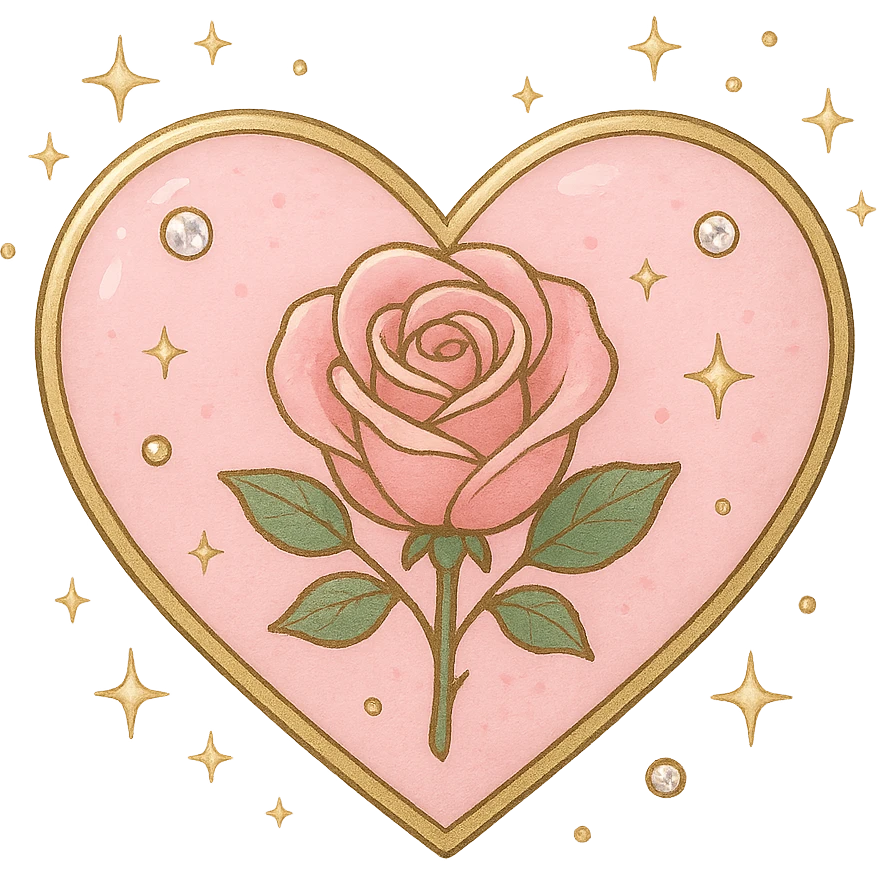 single rose pink heart, pastel pink enamel, sparkling gems, surrounded by tiny stars emoji