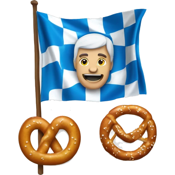 Create an emoji with a Bavarian Flag, blue and white colours, a "Lederhose" and a pretzel. emoji