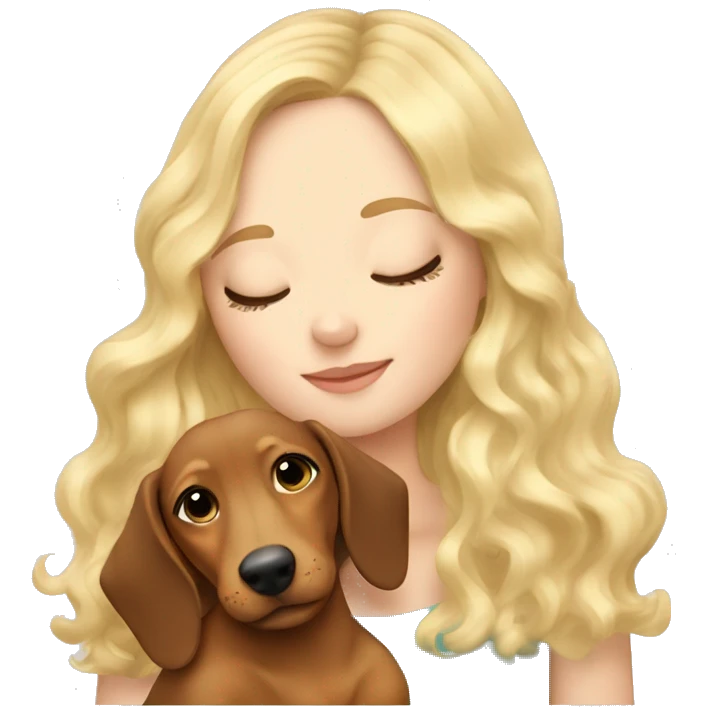 White girl blonde wavy hair closed eyes hugging dachshund emoji
