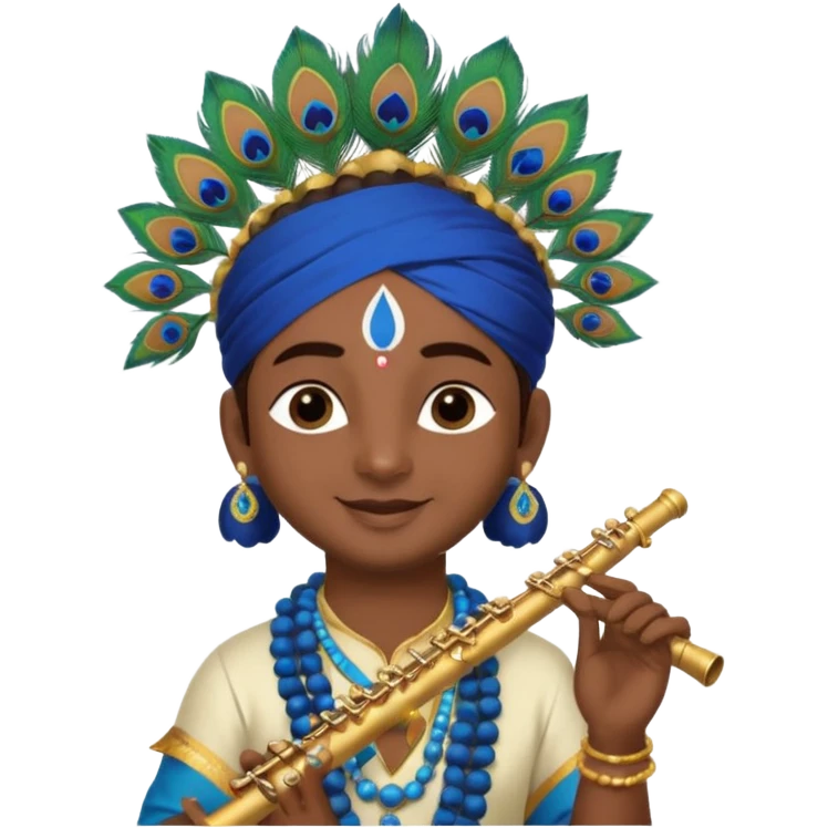 Lord Sri Krishna carrying only one peacock feather on his head with cute face and play flute with happy face emoji