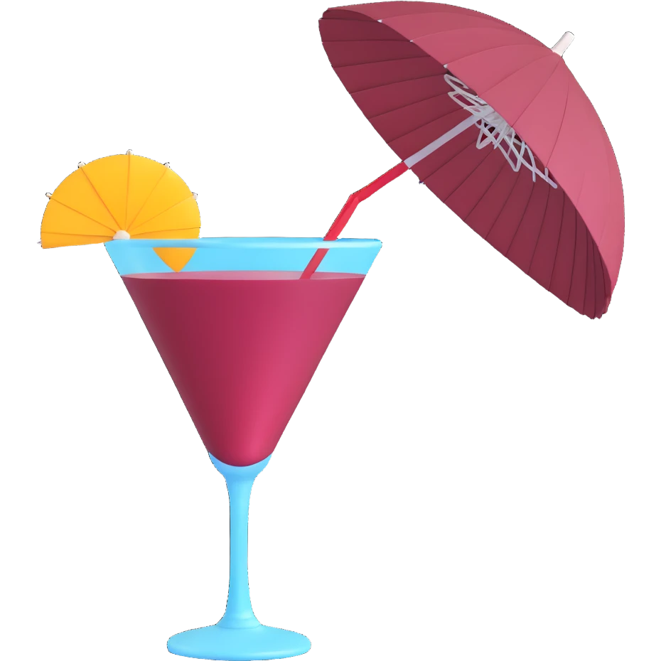 3D emoji style cocktail glass with burgundy drink and a tropical paper parasol emoji