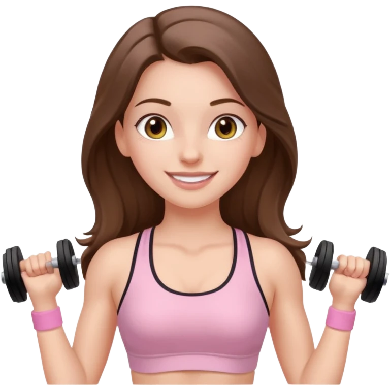 happy white long brunette hair girl with hazel eyes in light pink workout clothes at the gym emoji