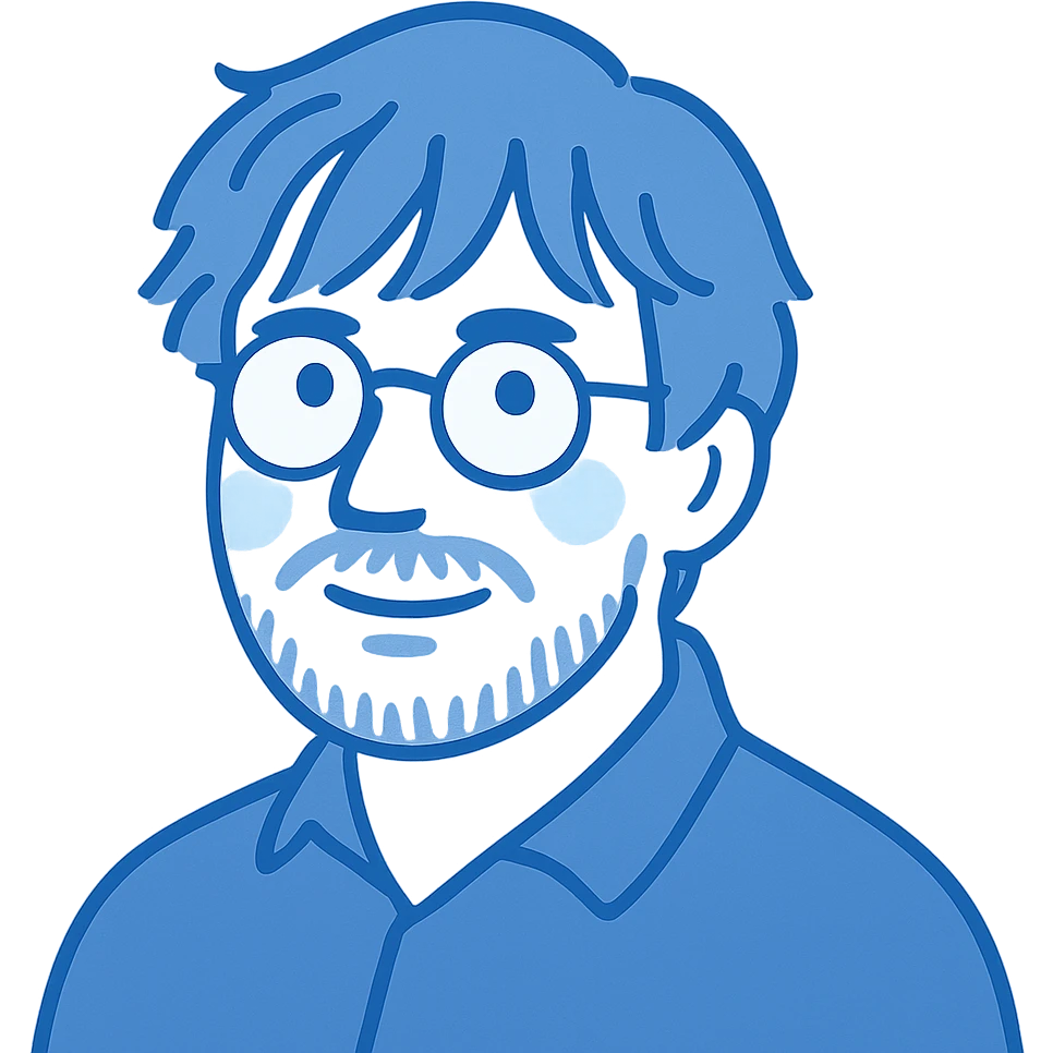 A man with round glasses, longer tousled messy hair with bangs, a naturally round face shape but slim, a broader nose, and a short beard. Use blue colors for the outlines and details instead of black. emoji