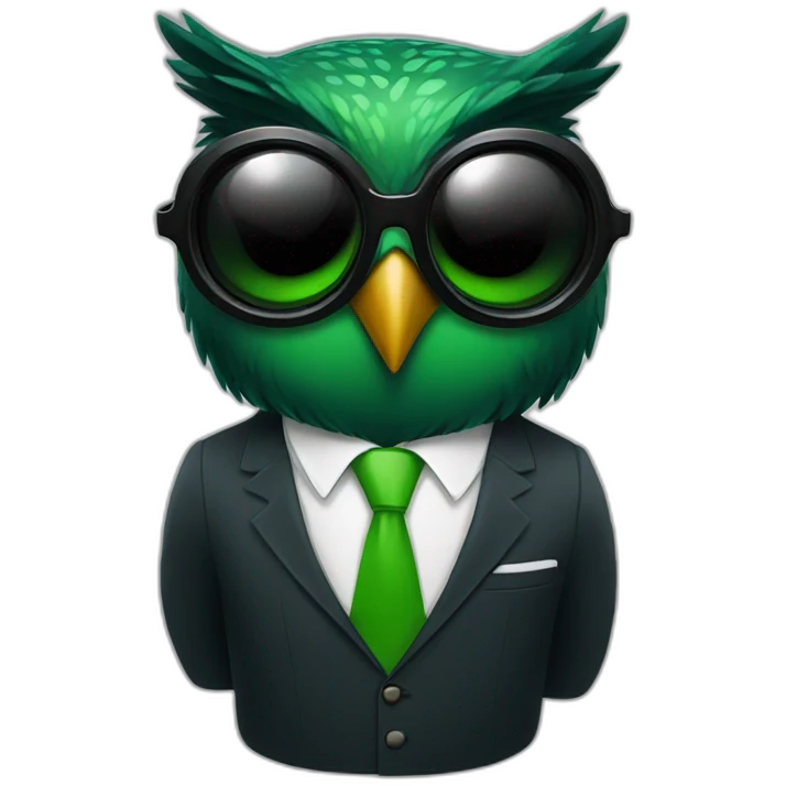 black and green owl in a suit with cool sunglasses emoji