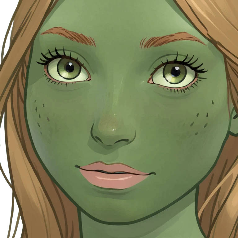 girl with long light brown hair with blonde highlights, light blue eyes, freckles, long eyelashes emoji