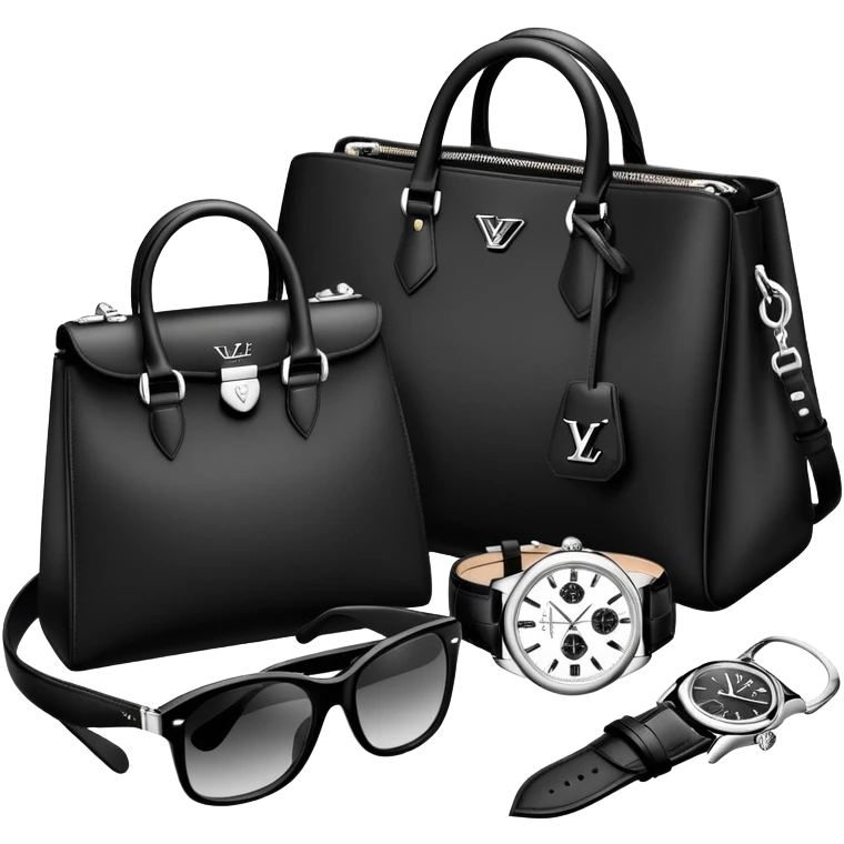 bag and watch, and glasses 1 specfic, all BLACK AND WHITE AND SILVER OR WHITE PLATED GOLD put together like a bundle with no face, all luxury items like lv and prada, and rolex emoji