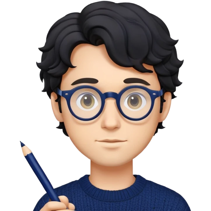 Young caucasian man with black wavy hair, round glasses, navy blue sweater, holding a pen, designer emoji