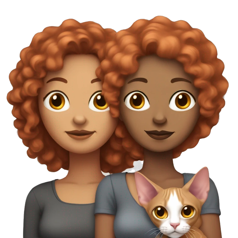 Two lesbians: one with curly red hair and the other with a dark, straight bob. They are holding two sphynx cats, one beige-pink and the other gray. emoji