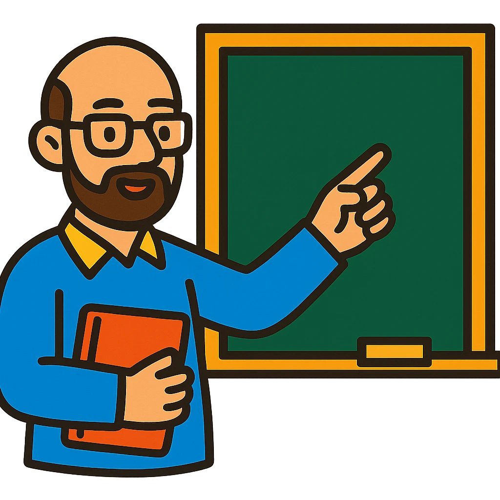 bald teacher with a short beard and glasses pointing at a chalkboard emoji
