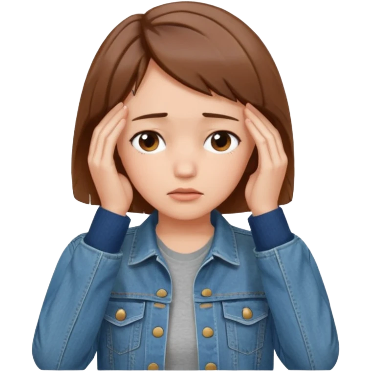 a woman with a brown short hair, looking at the left, facepalming, wearing a denim jacket, only upper body, high quality emoji