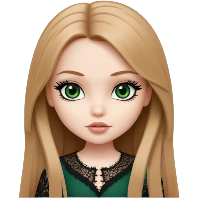 pretty bratz girl, long straight LIGHT BROWN HAIR, dark green eyes, black eyeliner, pale skin, black girly clothes with lace emoji