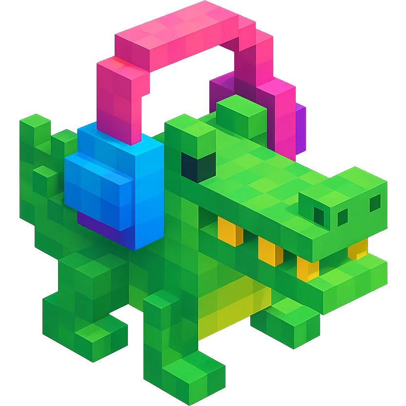voxel style crocodile with colorful headphones, isometric view emoji