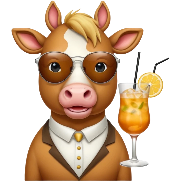 Eine Kuh mit einer Sonnenbrille auf einem Cocktail in der Hand auf einem Pferd emoji