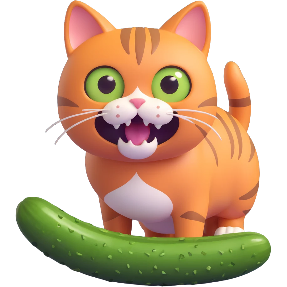 a scared cat next to a cucumber emoji