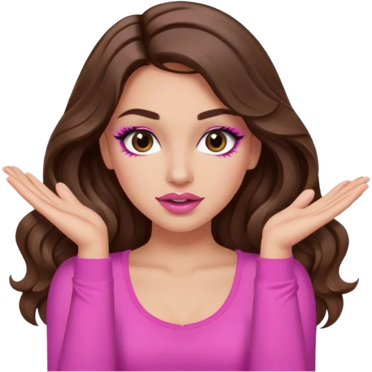 girl with long wavy brown hair, brown eyes, long lashes makeup, sexy pink lips, light to medium complexion, pink sexy top, two hands up, shrugging emoji