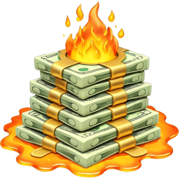 Transform the stack of money into lava money: make the bills appear to be melting and turning into glowing, molten lava with realistic textures and dramatic lighting. Keep the background transparent. The style should reflect a realistic molten lava effect with glowing and melting details. emoji