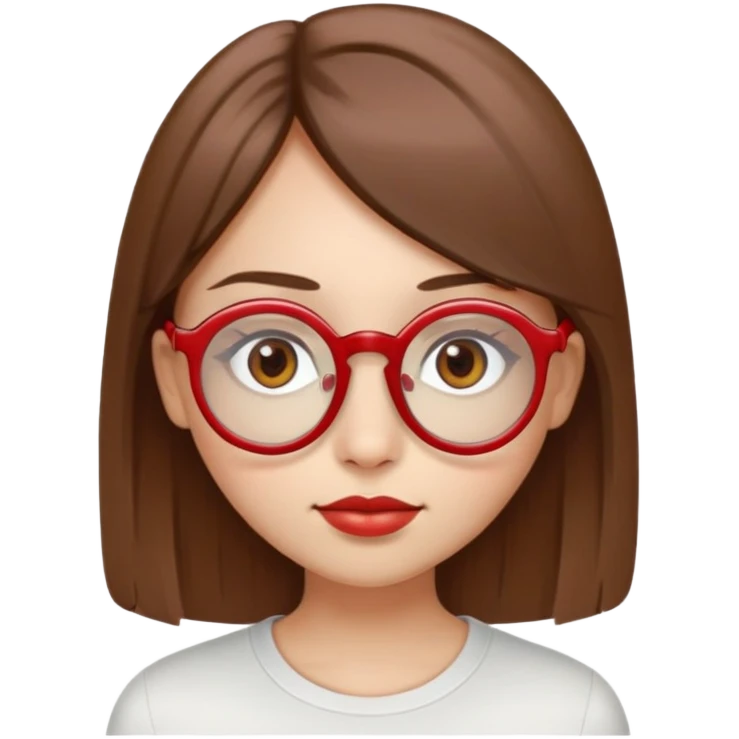 brown eyes, brown stright hair, red almost circular eyeglasse,s wide nose white tan, full lips round eyes. a girl  emoji