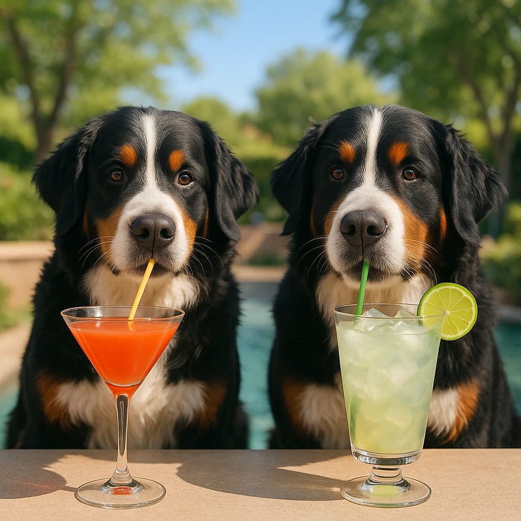 two Bernese mountain dogs drinking cocktails, wide scene, 1950x640 emoji