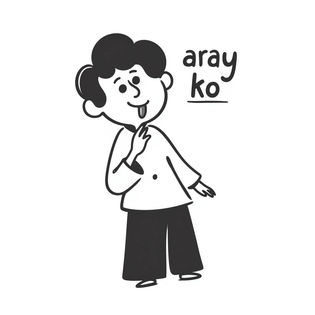 a guy with his tongue out and the words 'aray ko' in hand drawn doodle style emoji