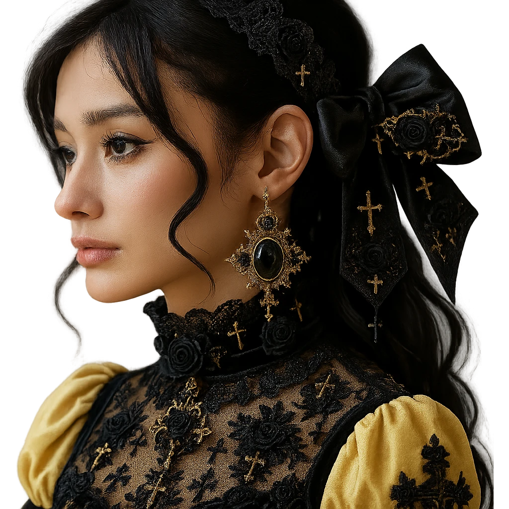 Add more gothic details such as ornate filigree, small black roses, and subtle cross motifs to the pastel yellow gothic bow and matching earrings. Keep lace and velvet details. Photorealistic style. Keep background transparent if possible. emoji