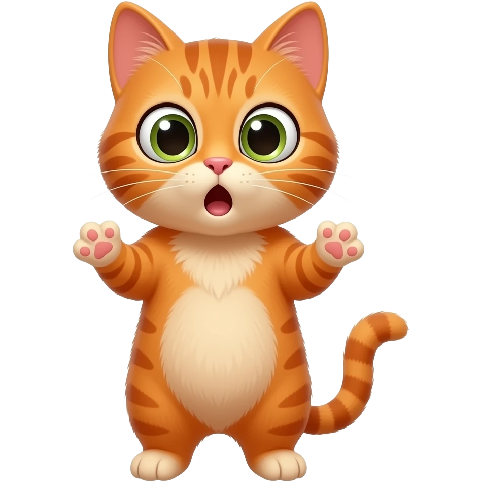 A little orange cat standing up like a little person, looking very surprised. All his body is dark orange. emoji