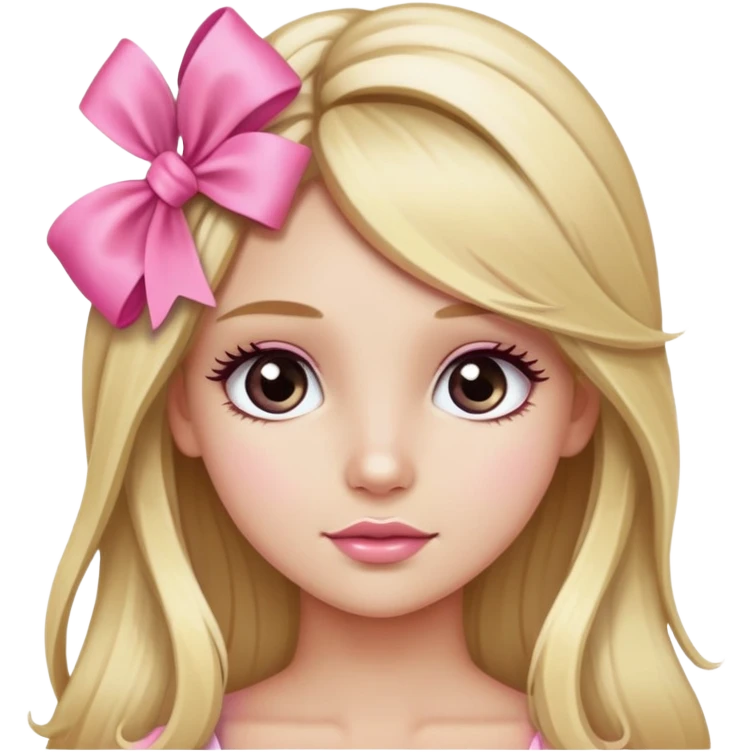 Pretty blonde bombshell girl with long hair and highlights. She has long eyelashes and a pink bow in her hair. emoji
