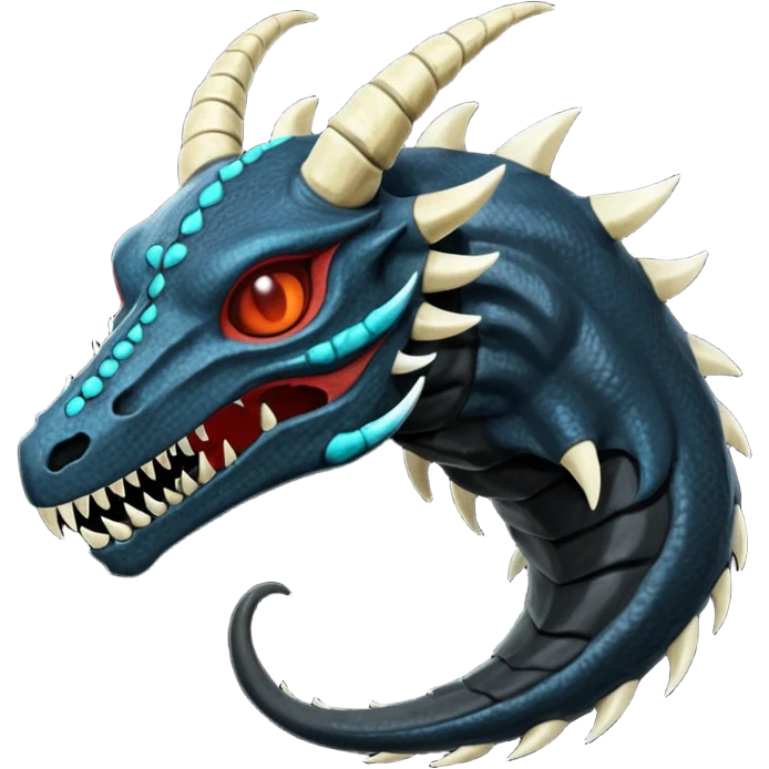 Shiny Dark Edgy  Salandit-Inteleon-Amaura-Fakémon-hybrid-creature (full body) with a horned animal-skull-mask emoji