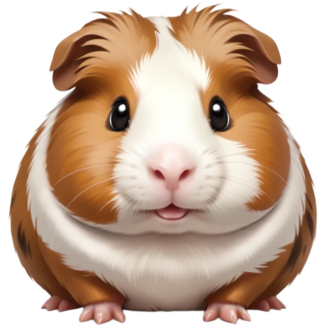 Cinematic Cute Brown and White Banded Guinea Pig Portrait Emoji, Head tilted playfully and inquisitively, showcasing a fluffy coat with playful brown and white banded patterns, round, sparkling dark eyes filled with curiosity, Simplified yet irresistibly adorable features, highly detailed, glowing with a warm, friendly glow, high shine, affectionate and spirited, stylized with a touch of whimsy, bright and endearing, soft glowing outline, capturing the essence of a mischievous yet loving guinea pig, so playful it feels like it could dash out of the screen and into your arms! emoji