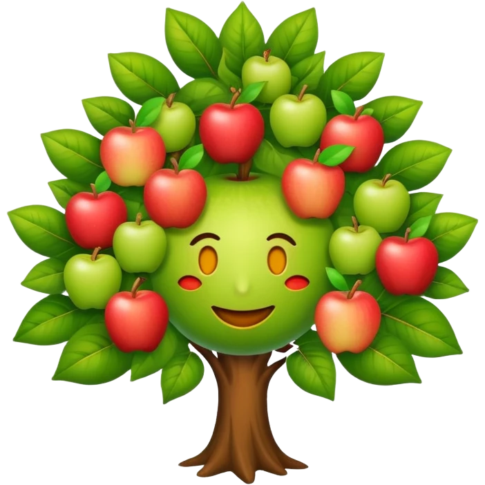 diseña a un árbol con cara sonriente y que las hojas tenga tres manzanas en cada lado o en cada parte de las hojas. emoji