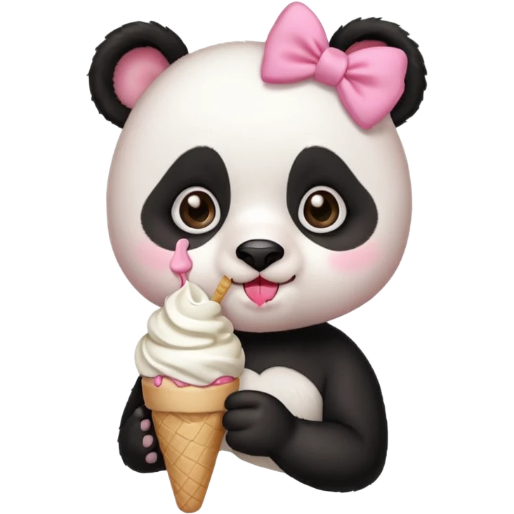 Cute chibi style girl Panda with eyelashes and big pink bow above ear eating and ice cream  emoji