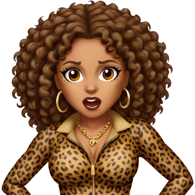 Melanie Brown with brown curls wearing leopard print and growling emoji