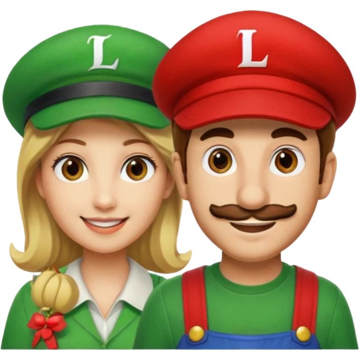 blonde female Luigi (with the Luigi green hat with an L on it) and a normal brown hair male Mario with the red hat with a M on it. They are friends just smiling emoji