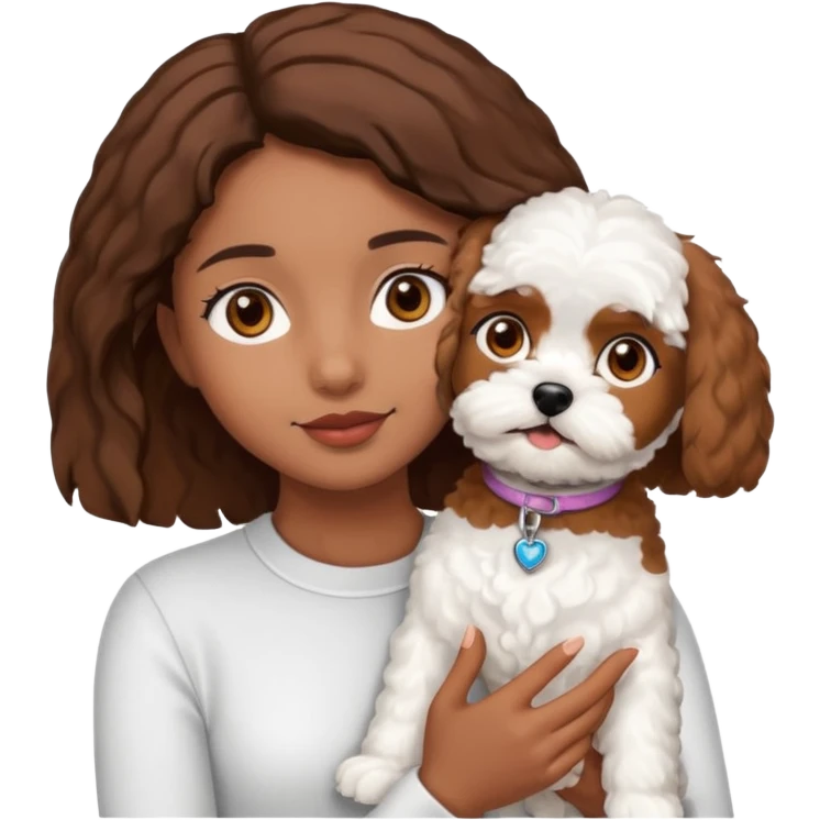 Chica morena ojos marrones con un bichón maltés en los brazos emoji