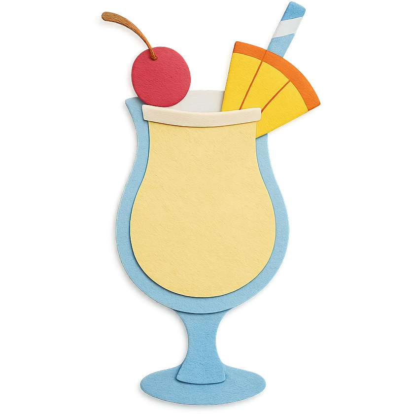 pina colada glass with a cherry, pineapple wedge, and paper straw, vibrant colors in paper-craft style emoji