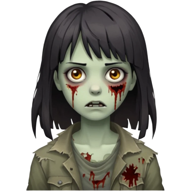 zombie 🧟‍♀️+👩🏻= girl dark hair long her shoulders bangs and ragged haircut gray eyes emoji