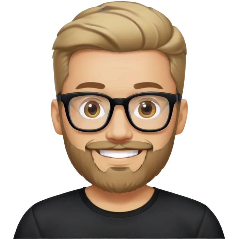 Man with light skin, full facial beard, short upswept hair, large black-framed glasses, smiling face, black sports fabric shirt emoji