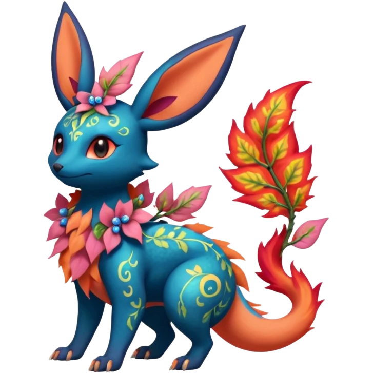 Scaly flurry floral fiery ivy-Salandit-Flareon-Bayleaf-Sylveon-Umbreon-fusion-Pokémon-hybrid-creature  emoji
