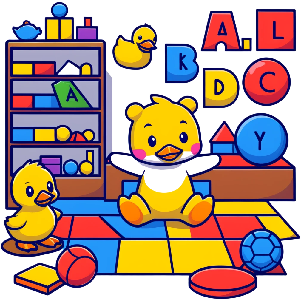 playroom floor with scattered toys - plush teddy, rubber duck, alphabet blocks, bouncy ball, action figures emoji