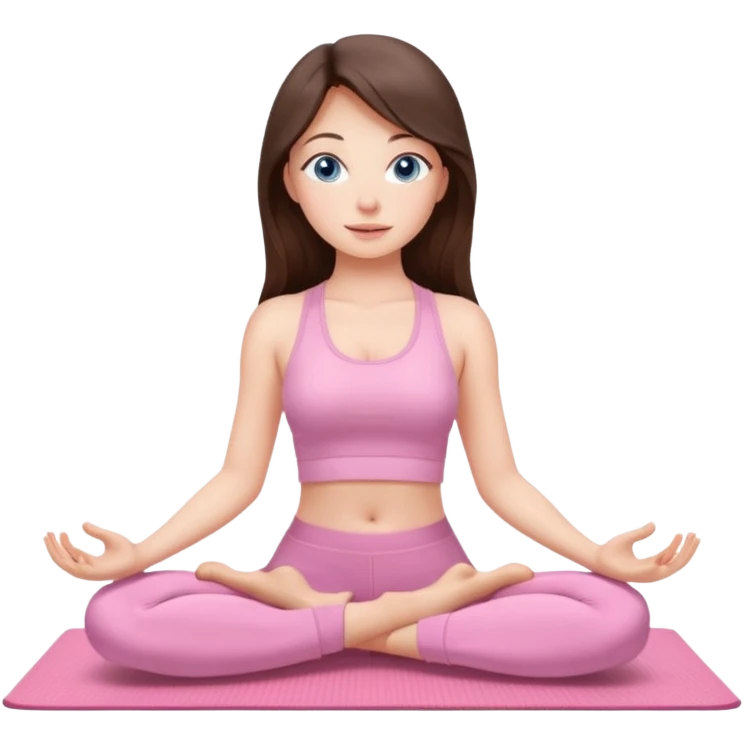 Brunette long hair and blue blue eyes yoga beautiful girl in light pink pink pink clothes sitting on a yoga mat emoji