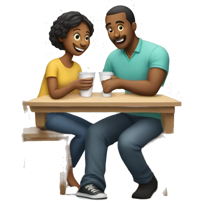 An emoji of a family—mother, father, and child—sitting at a table, playing a cup game with paper cups arranged on the table as they have fun together emoji