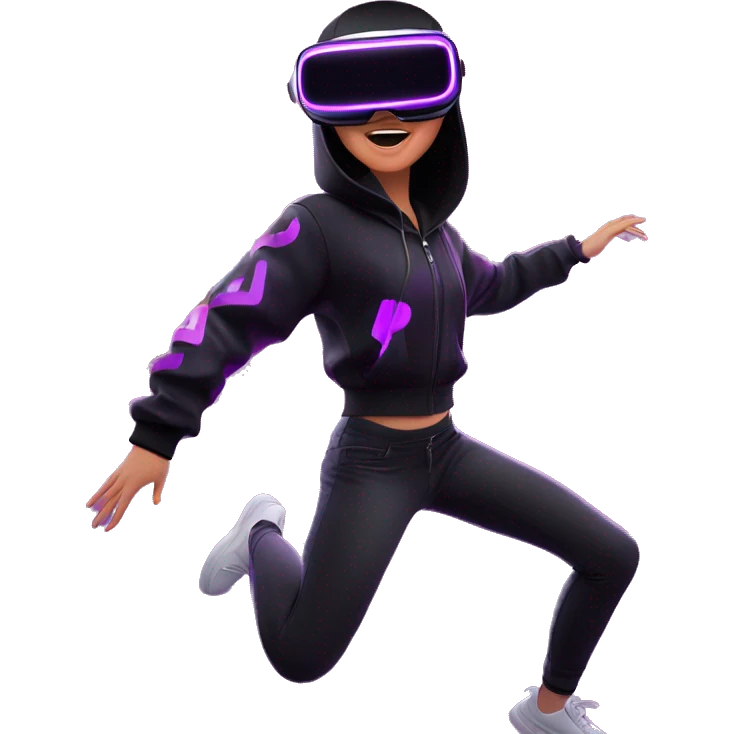 Russian girl wearing black hoody with violet letters "OMG", in vr headset oculus quest2. jumping. Cyberpunk style. Violet neon. emoji