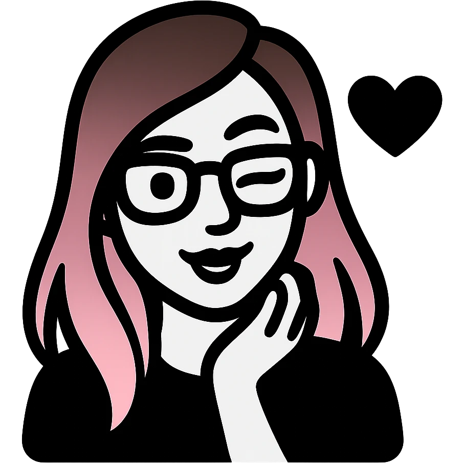 woman with gradient hair from dark to pink with glasses, brown roots, brown eyebrow, flirting, icon-black-filled style emoji