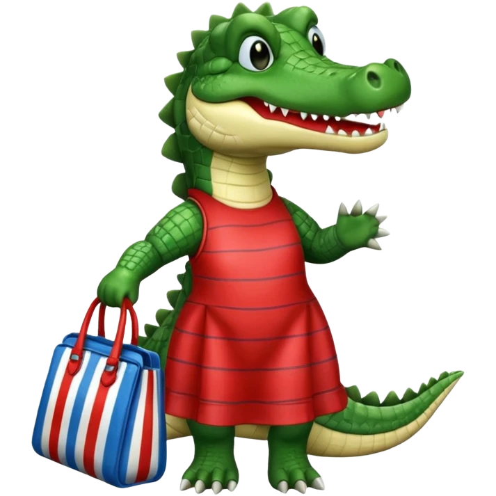 crocodile in a red dress and blue boots, holding a striped bag emoji