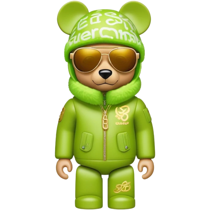 sleek bearbrick with lime balaclava covered in logo graffiti, futuristic single continuous visor sunglasses as one solid piece, no eye division, luxurious voluminous puffy coat with fur trim, gold chain accessories emoji