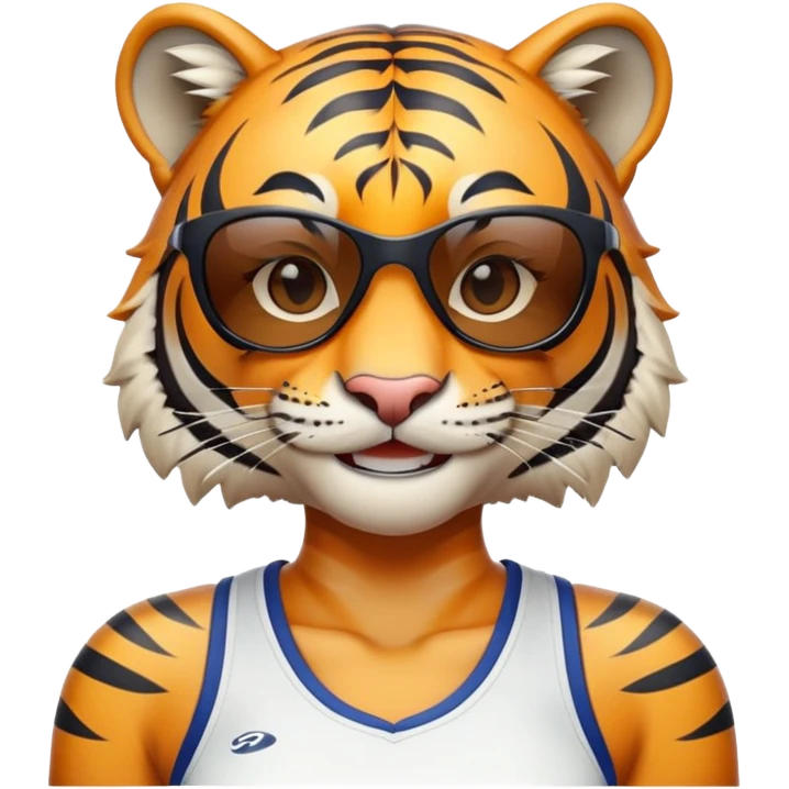 female energetic anthropomorphised tiger in sports clothes, wearing dark sunglasses, head and shoulders only, smiling emoji