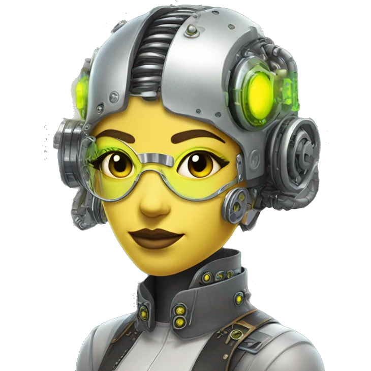 Caucasian female cyborg head with Neon yellow bobbed hair, silver steampunk goggles and circuits emoji