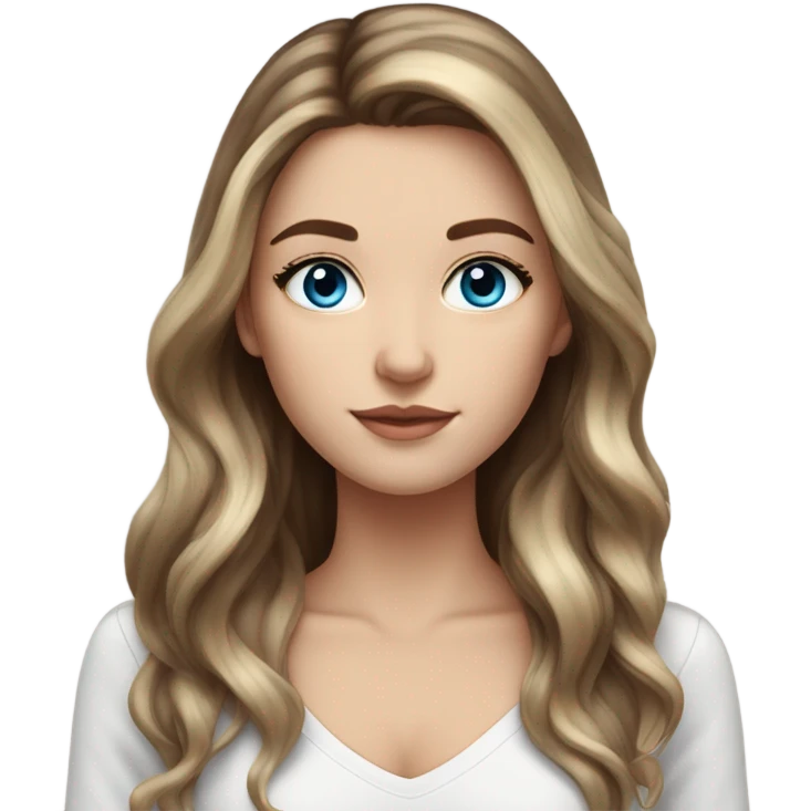 White girl blue eyes with long voluminous brown hair with blonde highlights balayage  emoji