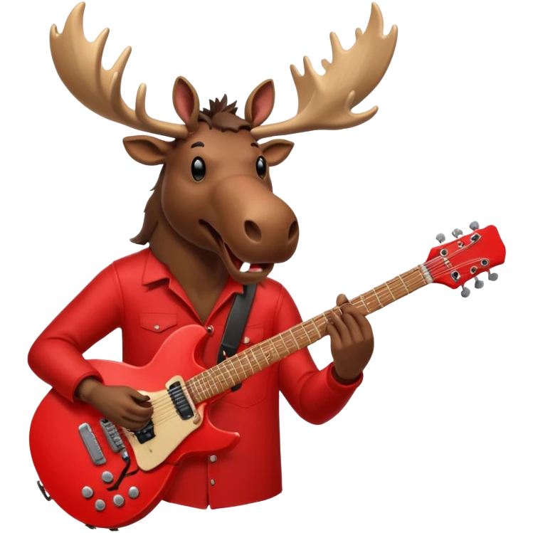 A evil moose headed man with a red electric guitar. The guitar should be pointing directly in the air. And the moose man should look evil and intimidating. emoji