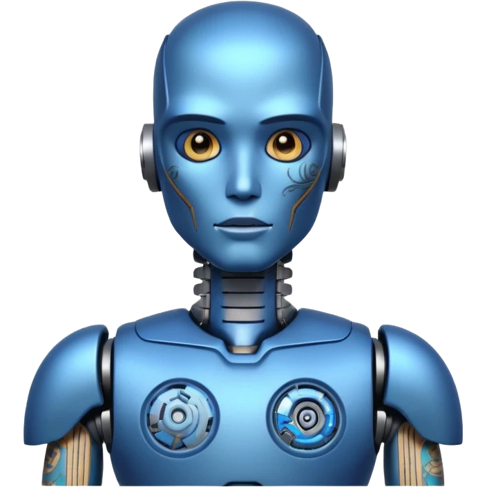 blue Tatooed robot, big many tatooes on chest, neck and face emoji